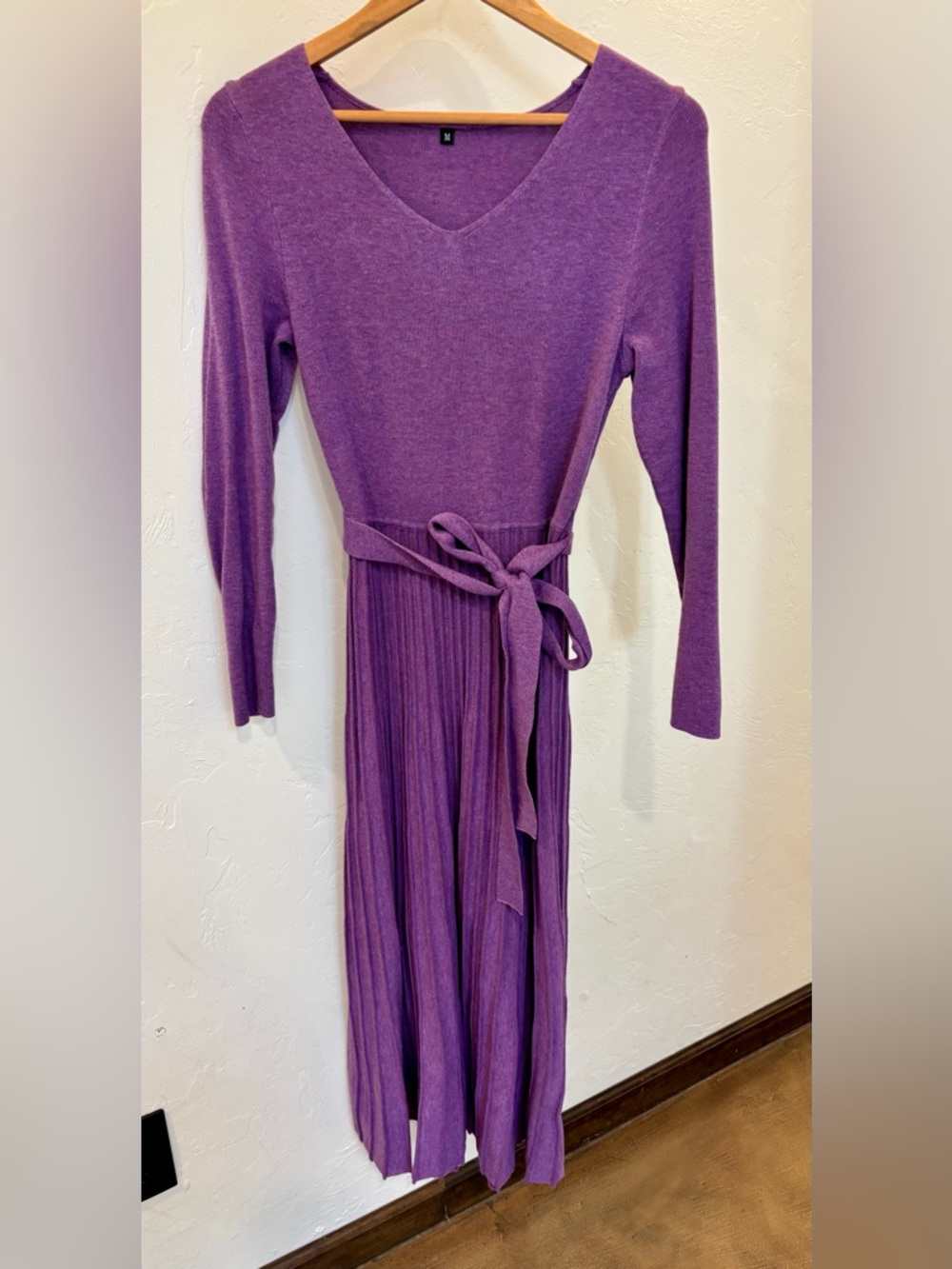 Wood Blend Tie Waist Pleated Sweater Dress